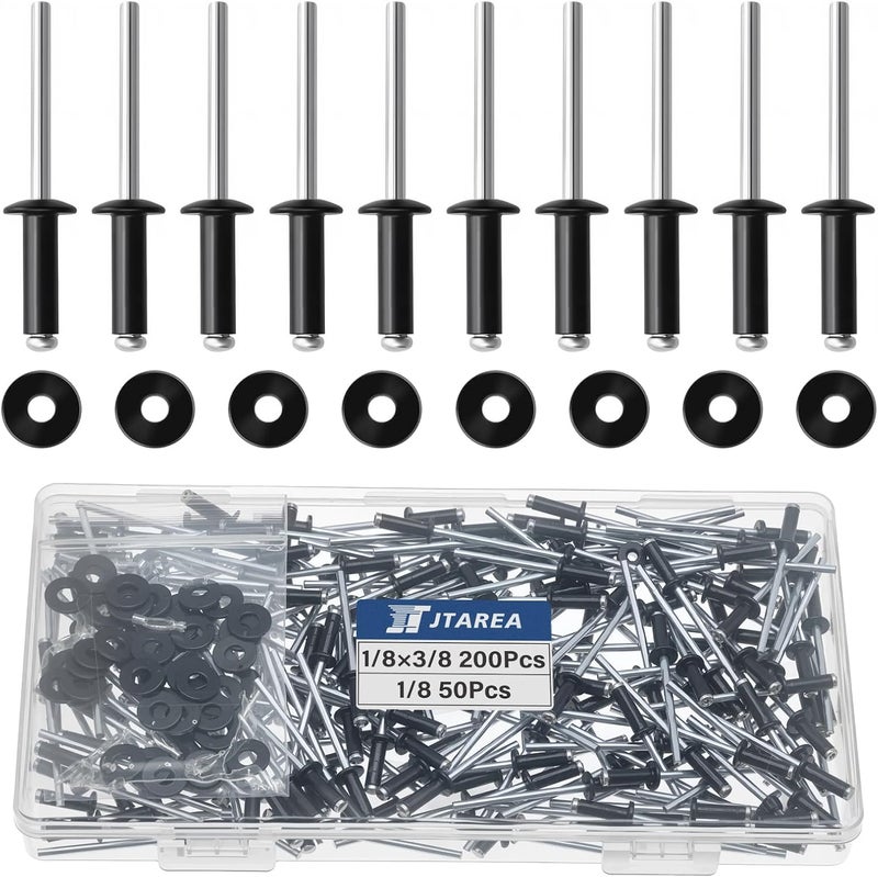 JTAREA 250pcs 1/8" x 3/8" Black Aluminum Pop Rivets with Stainless Steel Washers 3.2 x 10mm Blind Rivet Assortment Kit - Image 1